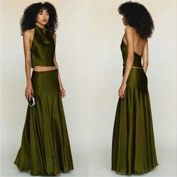 Reformation Sera Silk Two Piece Set Green Halter Crop Top Maxi Skirt - Picture 4 of 7